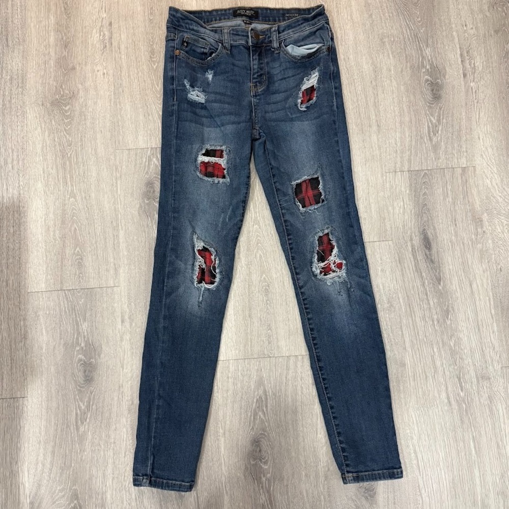 Judy Blue Skinny Fit Distressed Plaid Patch Jeans Dark Wash JB8268DK Womens 5/27